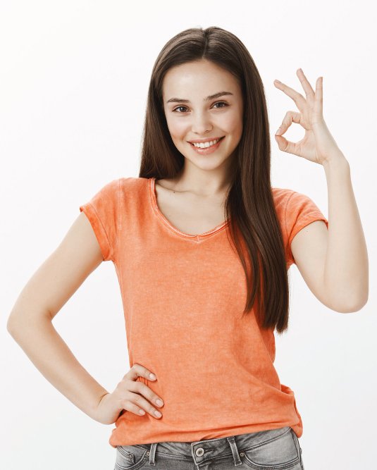 Wonderful Appliances 45 satisfied cheerful girl pretty woman showing approval gesture okay good guarantee quality like idea